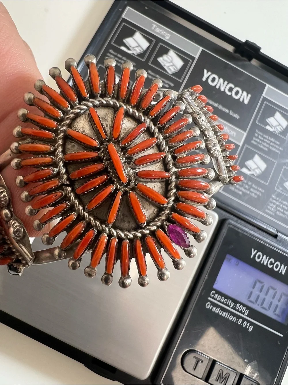 Ray & Eva Wyaco ZUNI Zuni needlepoint coral cluster cuff Sterling bracelet